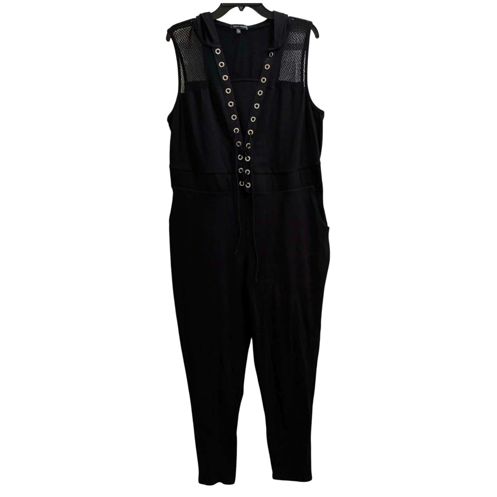Curvy Sense Jumpsuit Womens 2X Black Mesh Lace Up Hooded Sleeveless Y2K Goth